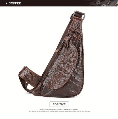 HUMERPAUL Men'S Casual Brown Leather Crossbody Bag with Alligator Print - Adjustable Strap, Multi-Compartment, Everyday Commute Shoulder Bag, Everyday Bag   Casual Style Bag   Adjustable Strap Bag