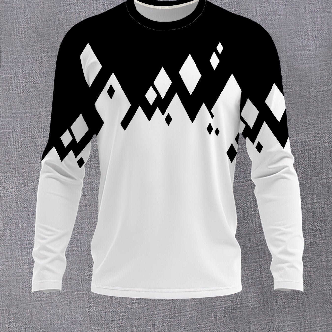 Men's Black & White Contrast Round Neck Long Sleeve T-Shirt - Casual Versatile Base Layer Top with Subtle Crossover Print, Machine Washable, Regular Fit for -Casual & Semi-Formal Wear