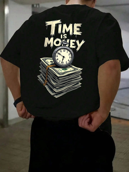 Men'S Casual Short Sleeve T-Shirt with "Time is Money" Clock  Stack of Cash Graphic - Lightweight Polyester, Loose Fit, Round Neck, Perfect for Spring  Summer Outdoor Wear, Relaxed Fit Shirt   Bold Graphic Tee   Glossy Text
