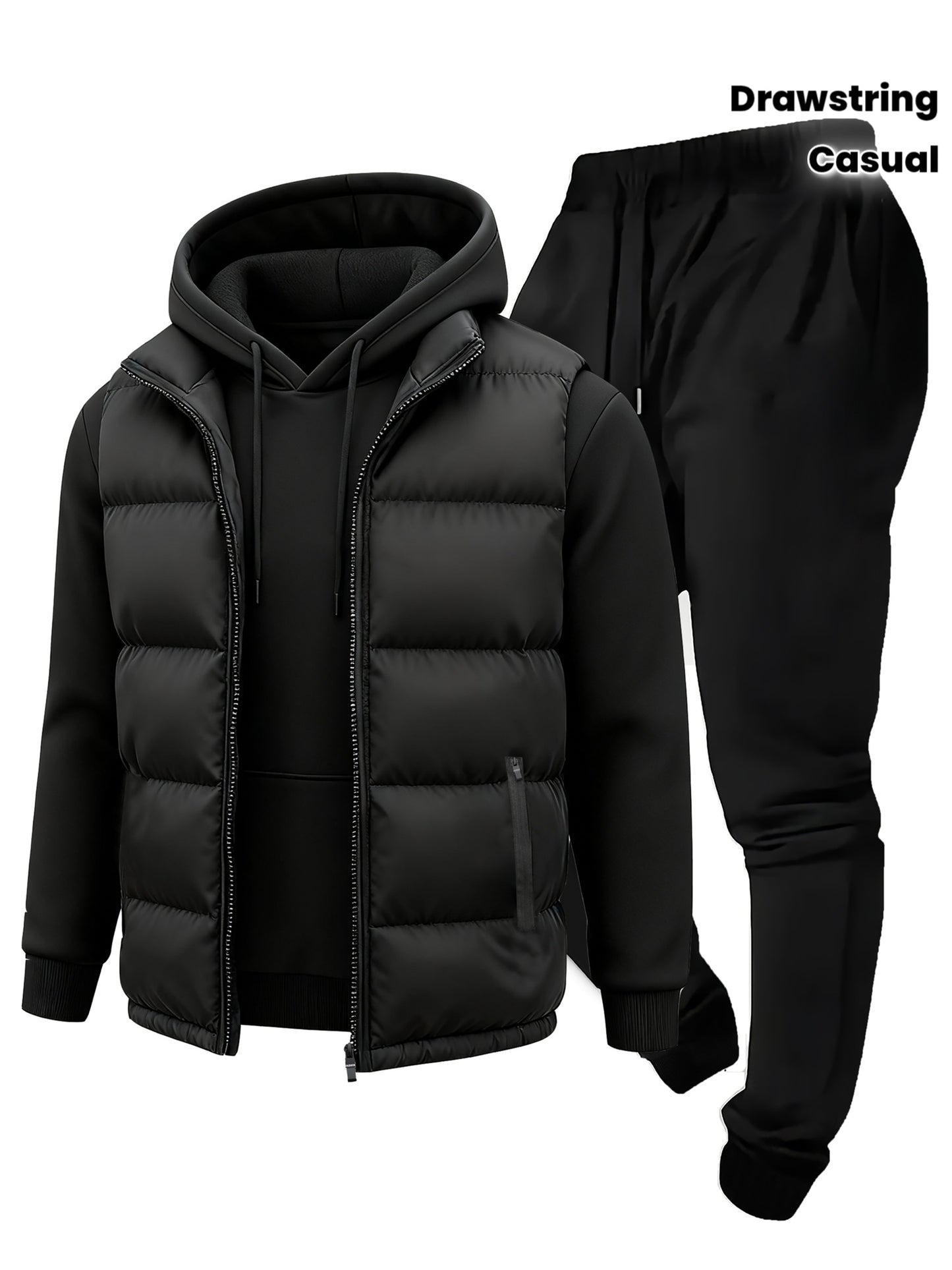 3pcs Vest Casual Set for Men Men's Casual Cartoon Drawstring Pocket Hoodie and Sports Drawstring Trousers Matching Set