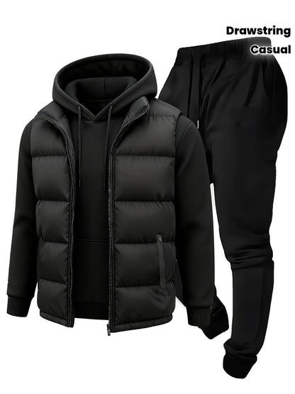3pcs Vest Casual Set for Men Men's Casual Cartoon Drawstring Pocket Hoodie and Sports Drawstring Trousers Matching Set