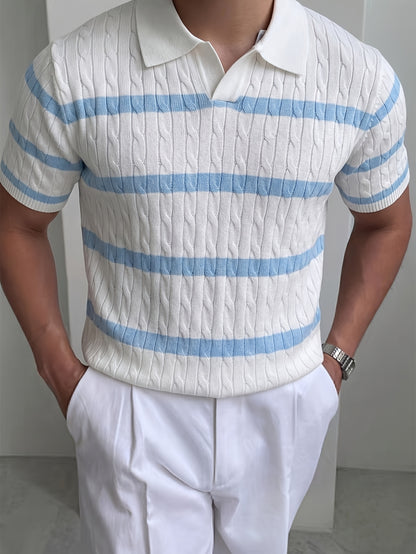 Men's Summer Polo Shirt Striped Knit Casual Short Sleeve