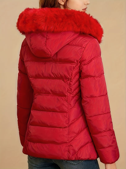 Women'S Red Winter Hooded Jacket with Plush Faux Fur Trim - Cozy Long Sleeve Zip-Up Coat, Slim Fit Casual Outerwear, Side Pockets, Warm & Stylish for Fall/Winter, Winter Jacket, Fall Fashion, Elegant Design, Soft Texture, Fas