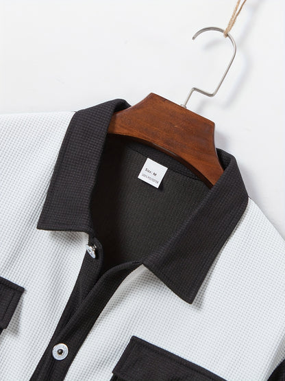Men's Summer Two-Piece Set, Waffle Fabric Contrast Color with Pockets Short-Sleeved Shirt + Casual Trousers Suit, Leisure Light Business Vacation Daily Multiple Scenes
