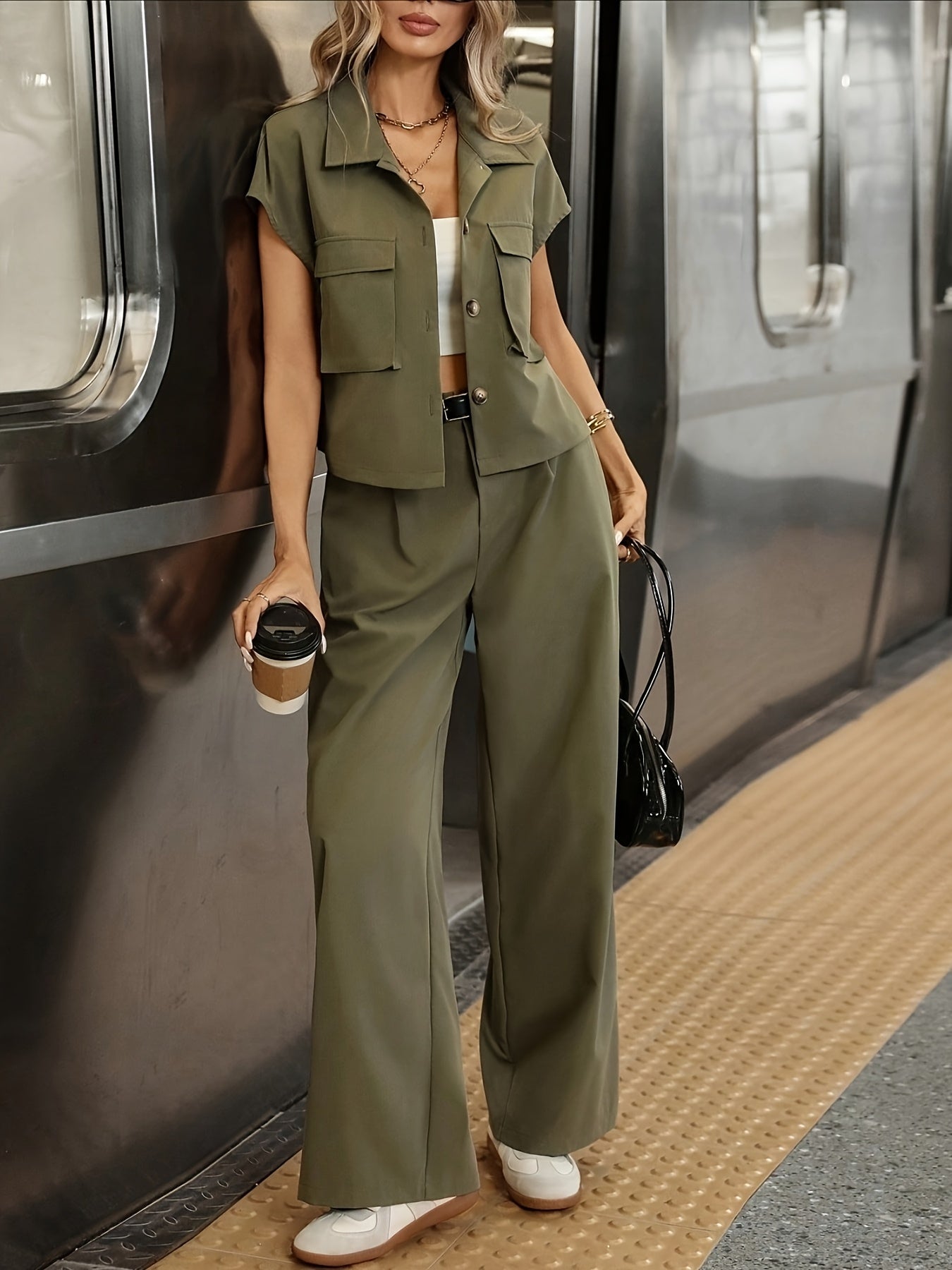 Women's Casual Solid Color Shirt and Pants 2pcs Set, Spring Summer 2pcs Set: Solid Color Button-Up Short Sleeve Top and Pocket Pants, Women's Casual Elegant Spring Summer 2pcs Outfit, Women's Outing and Date Wear, Spring Summ