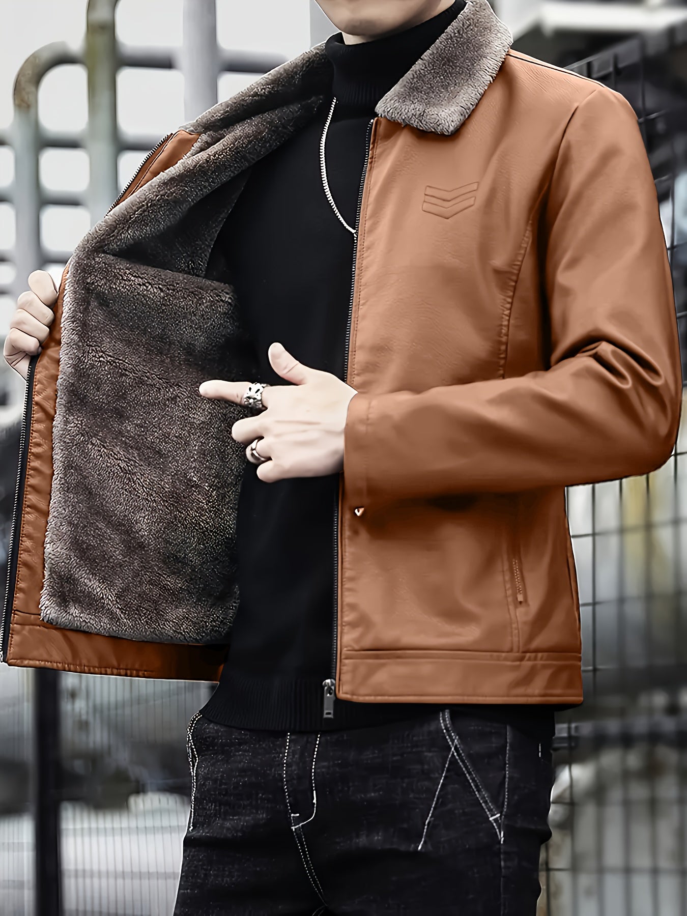 Siji Dou OBM Men's Coat, New Autumn/Winter Fleece-Lined Jacket with Faux Fur Collar, Trendy Casual Jacket for Men