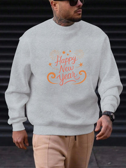 Men'S Happy New Year Sweatshirt - Light Grey with Orange Lettering - Regular Fit Crewneck Pullover for New Year'S Eve, NYE Parties & Casual Attire - Non-Permanent Celebration Sweater for Everyday & Special Occasions, New Year