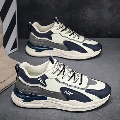 Men'S Fashion Sneakers, Casual Sports Shoes, All-Season Lace-Up Low Top, PU Upper, Fabric Lining, Rubber Sole, EVA Insole, Round Toe, with Trendy Thick Sole for Hiking, Outdoor, Daily Wear