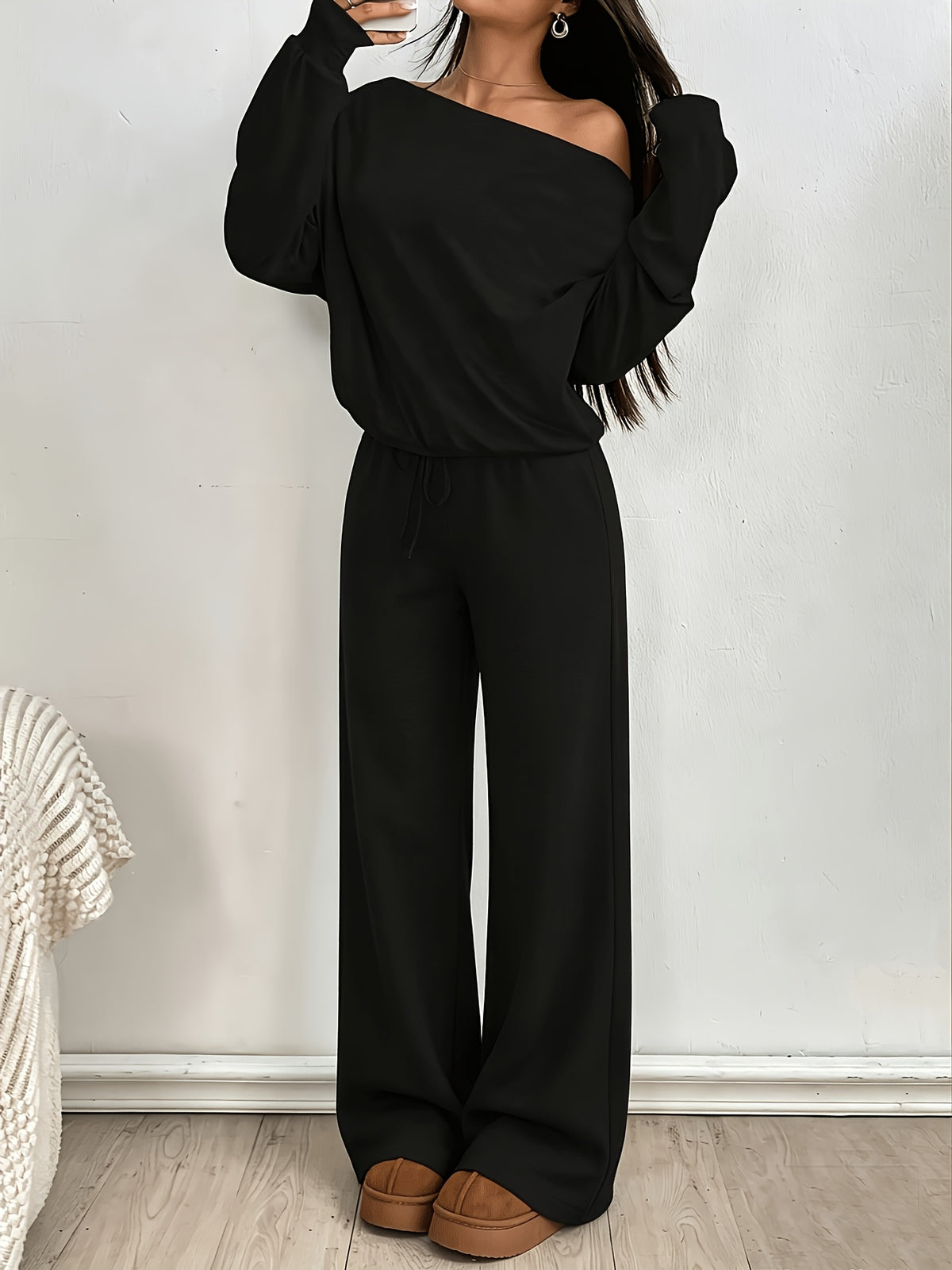 Women’s Off-Shoulder Long Sleeve Crop Top & Wide-Leg Pants Set