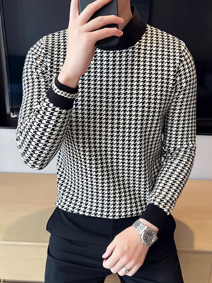 New Men'S Houndstooth Color-Blocked Sweater, Casual Pullover with Round Neck And Long Sleeves, Knit