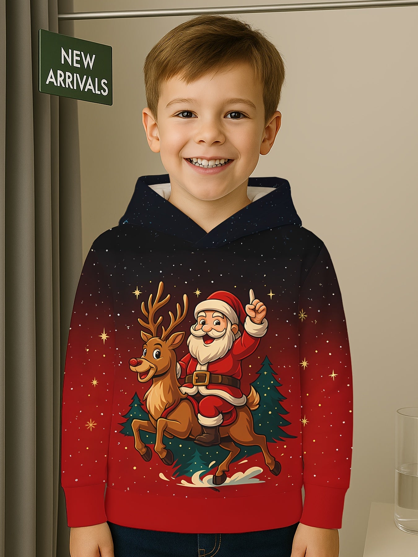 Boys' 3D Digital Print Santa & Reindeer Christmas Hooded Sweatshirt - Red & Black Gradient Festive Pullover with Glowing Eyes, Soft Stretch Fabric, Machine Washable, Long Sleeve Party Outfit for School Events, Family Photos &