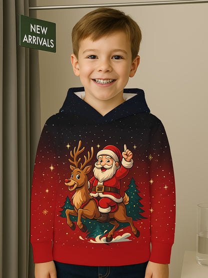 Boys' 3D Digital Print Santa & Reindeer Christmas Hooded Sweatshirt - Red & Black Gradient Festive Pullover with Glowing Eyes, Soft Stretch Fabric, Machine Washable, Long Sleeve Party Outfit for School Events, Family Photos &