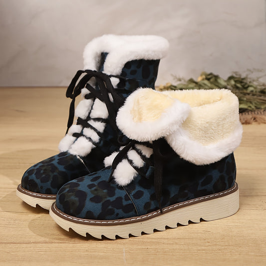Women's Leopard Print Winter Boots with Flat Sole & Lace-Up Closure - Blue Round Toe Fabric Upper, Rubber Traction Outsole for Cold Weather Comfort, African-Inspired Fashion Footwear, Cold Weather Gear, Comfortable Boots, War