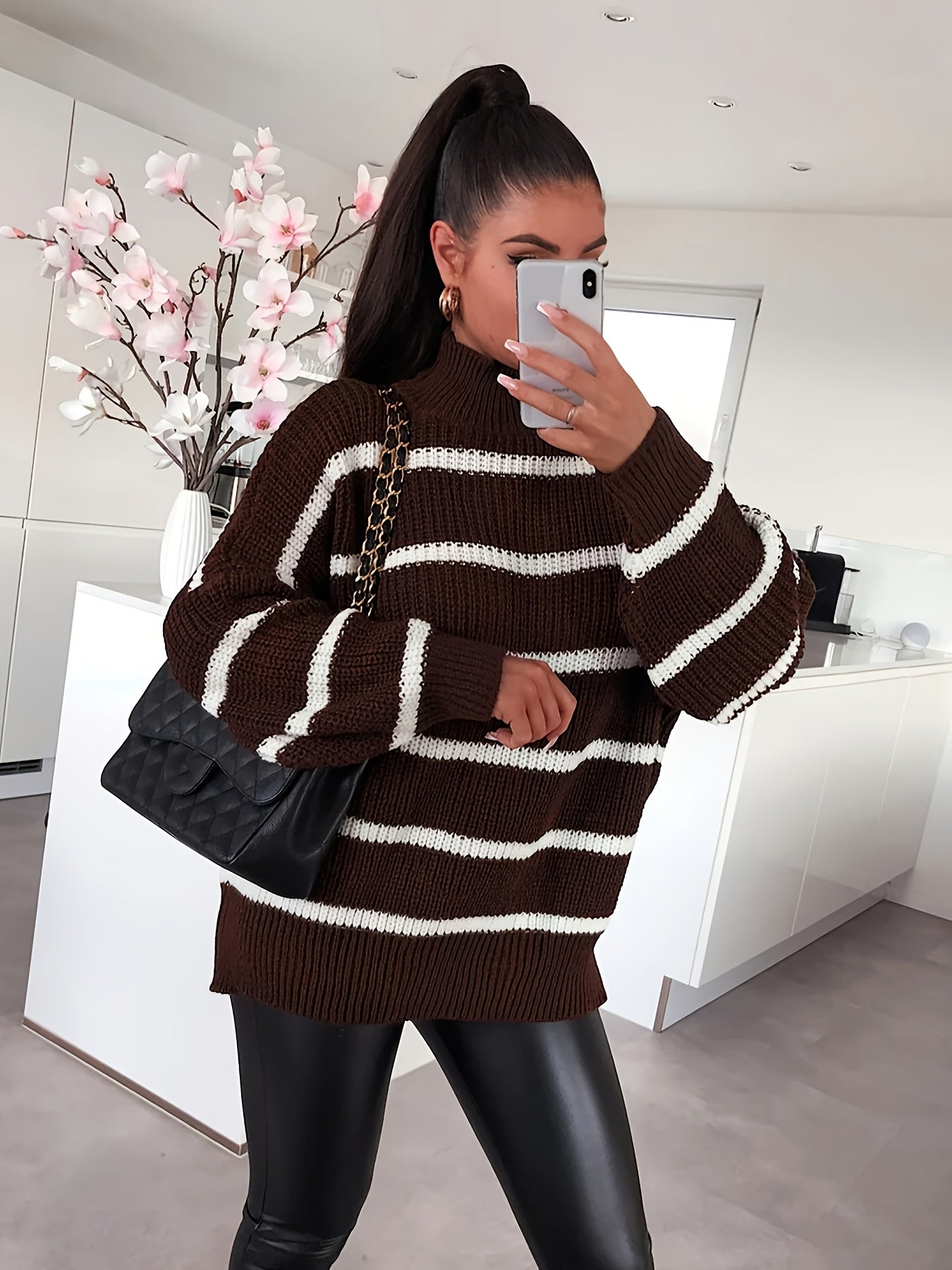 Oversized Color Block Sweater with High Neck for Fall-Winter