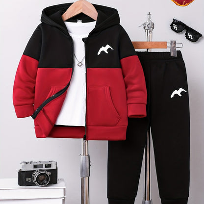 2pcs Boys' Autumn/Winter Fleece-Lined Hooded Zip-Up Jacket and Pants Set with Bird Print, Simple Color Block Design with Pockets, Fashionable Sporty Outfit for Outdoor Activities and Daily Wear, 100% Polyester Knit Stretch Fa