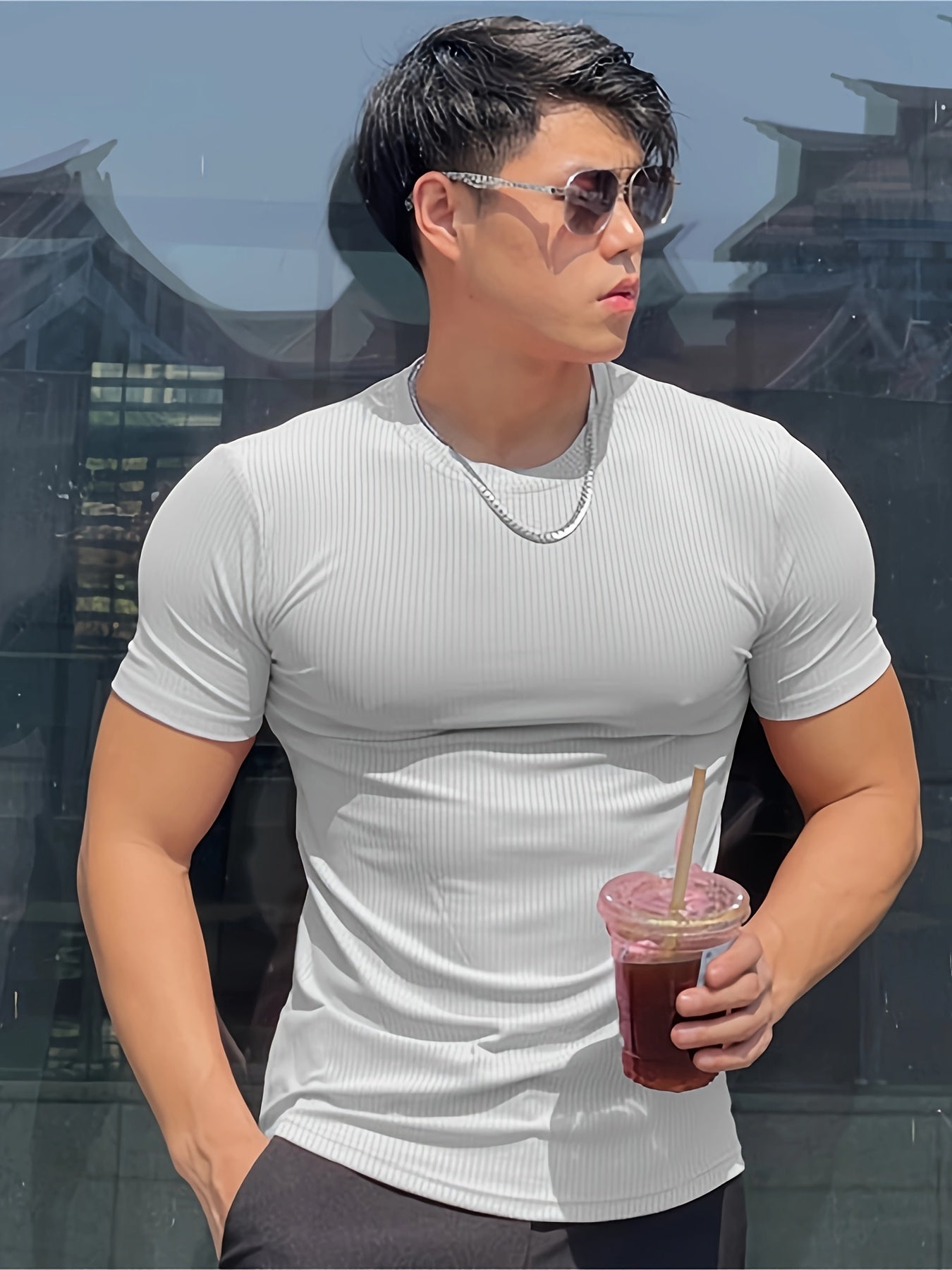Men's Athletic Striped Solid Color Fitness Short Sleeve T-Shirt, Quick-Dry Stretchy Polyester Sports Tee for Training, Running, Summer, Slim Fit, Round Neck, Knitted Fabric
