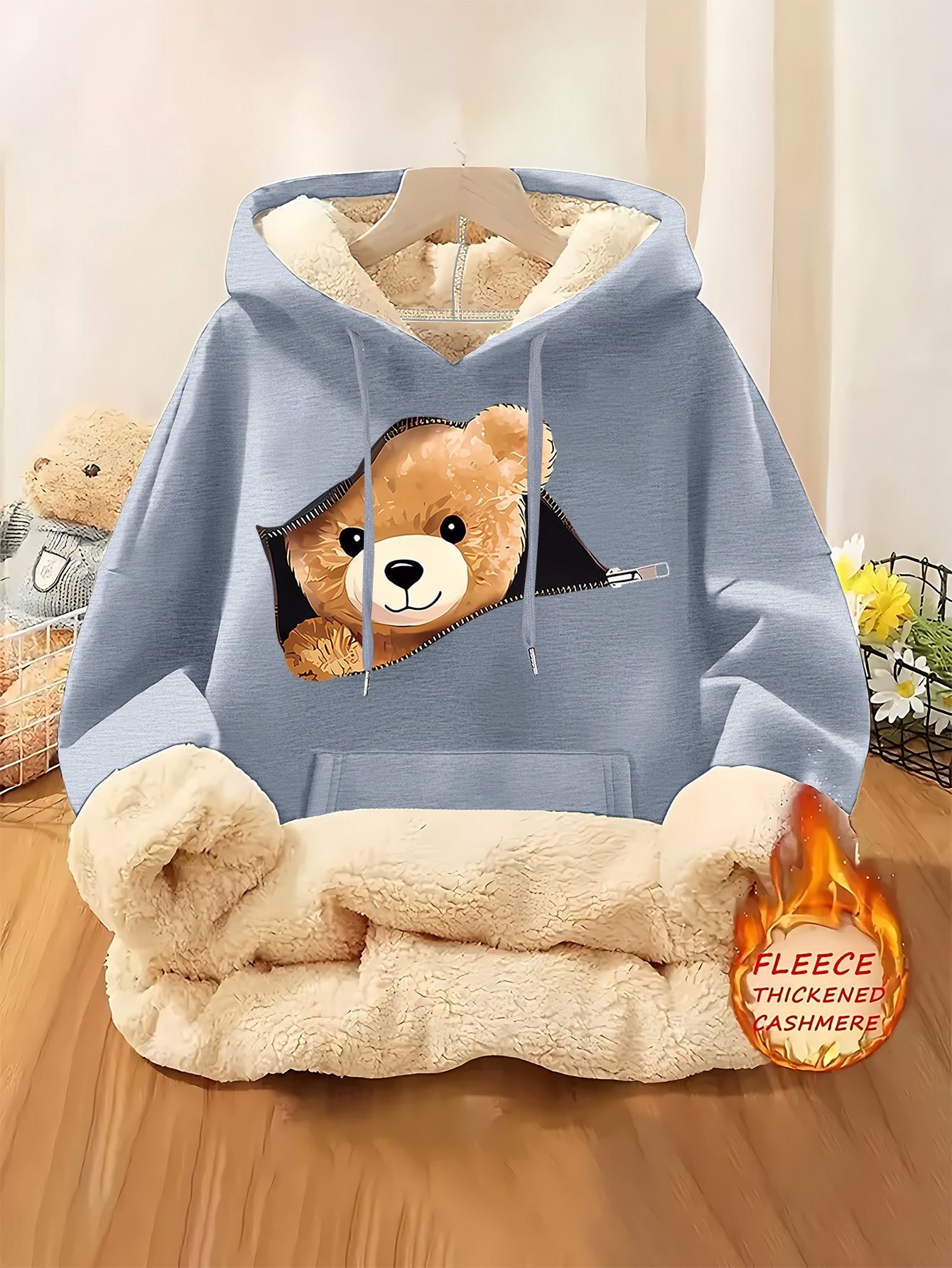 Women'S Plush Fleece-Lined Hooded Sweatshirt with Bear Print & Zipper Closure - Cozy Winter Warmth, / Color Block Design, Soft Fleece Fabric, Casual Pullover for Fall & Winter, Autumn Winter Apparel | Hooded Sweatshirt | Zipp