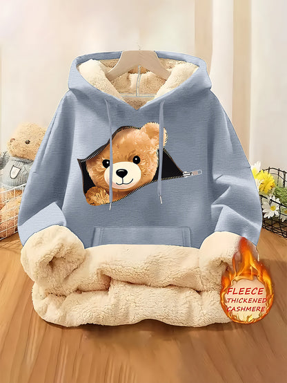 Women'S Plush Fleece-Lined Hooded Sweatshirt with Bear Print & Zipper Closure - Cozy Winter Warmth, / Color Block Design, Soft Fleece Fabric, Casual Pullover for Fall & Winter, Autumn Winter Apparel | Hooded Sweatshirt | Zipp