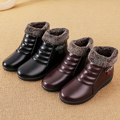 Women'S Comfortable And Warm Shoes for Autumn And Winter, Short Boots with Fleece Lining, Snow Boots, Leather Shoes, Glossy Black Platform Boot, Elegant Rain Boot For Woman, Warm And Comfortable Bootie For Working, Low Ankle