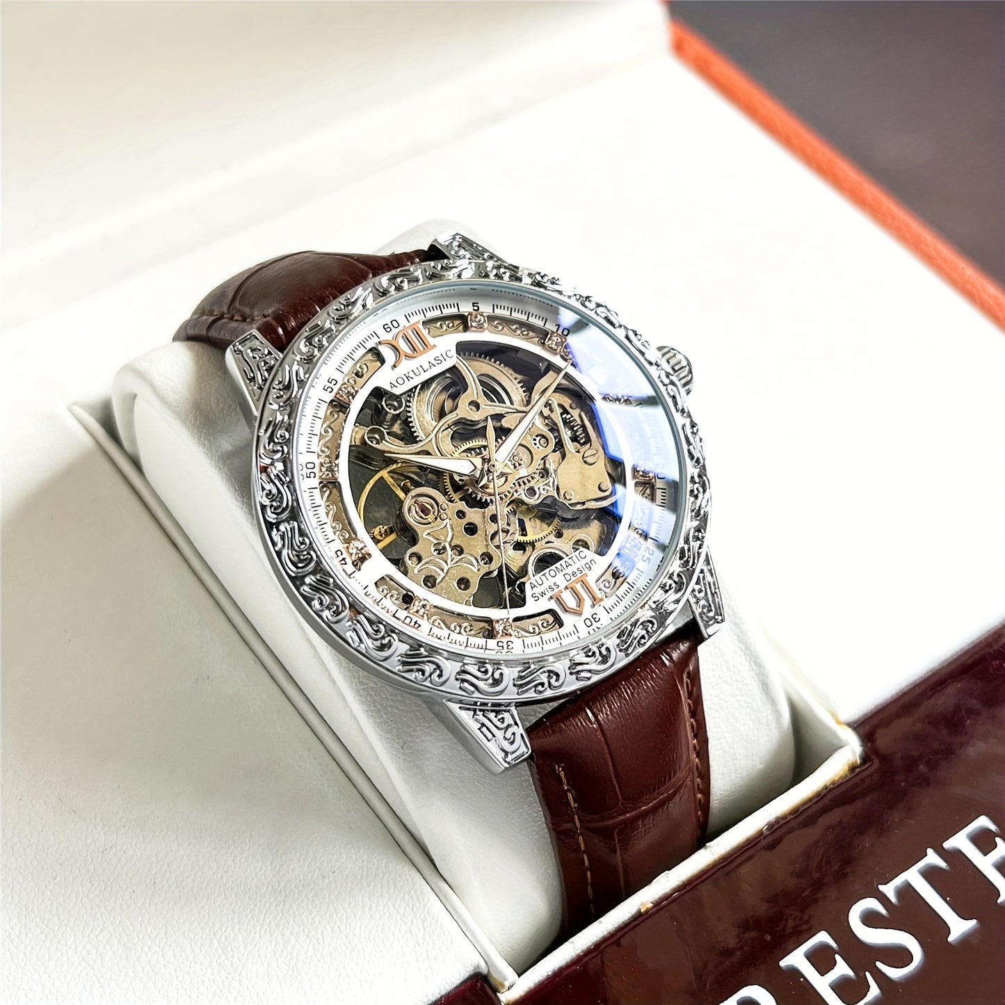 Vintage Hollow Carved Automatic Mechanical Men'S Watch, Fashionable Luxury Men'S Watch, High-end Thickened Mechanical Style Hip-Hop Party Wristwatch, Without Battery