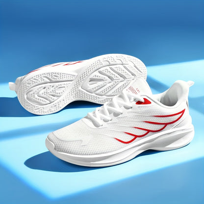 2025 New Arrival Men'S White  Red Sneakers - Breathable Mesh, Soft Bottom, Casual Sports Shoes for Running  Daily Wear, Casual Athletic Shoes   Modern Casual Shoes   Breathable Upper, Running Shoes