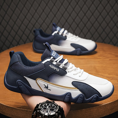 Men's Breathable Low-Top Casual Sneakers - Sporty Lace-Up Walking Shoes with Navy/White/Golden Accents, All-Season Outdoor  Everyday Comfort, Durable Fabric Upper  PVC Sole, Comfortable Footwear, Sleek Shoe Design, Lightwei