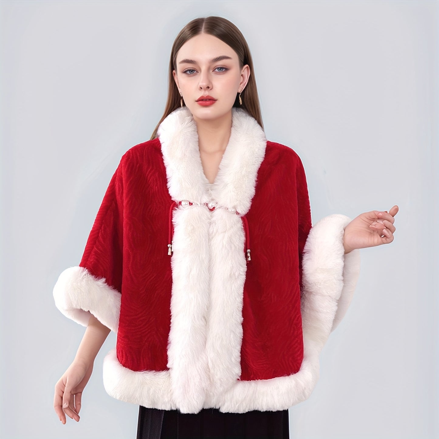 Festive Shawl Wrap with Faux Fur Trim and Pearl Accents - 100% Polyester Christmas Poncho Cape for Party and Wedding, Warm Decorative Inelastic Shawl for Winter, Hand Washable