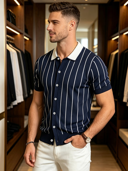 Men's Navy Blue Vertical Stripe Knit Polo Shirt - Lightweight Summer S