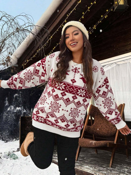 Women'S Thick Double-Layer Winter Sweater - Red & Snowflake & Geometric Pattern Pullover, Round Neck Long Sleeve Sweater with Piping Trim, Cozy Fall/Winter Casual Chic Outfits, Ladies Sweaters