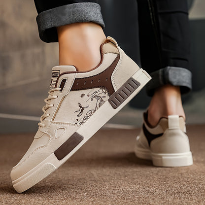Men's Spring Collection Black and Beige Casual Sneakers - Anti-Slip, Odor-Resistant, Thick Rubber Sole for Height Boost, Lace-Up Sports Shoes with Fish Design