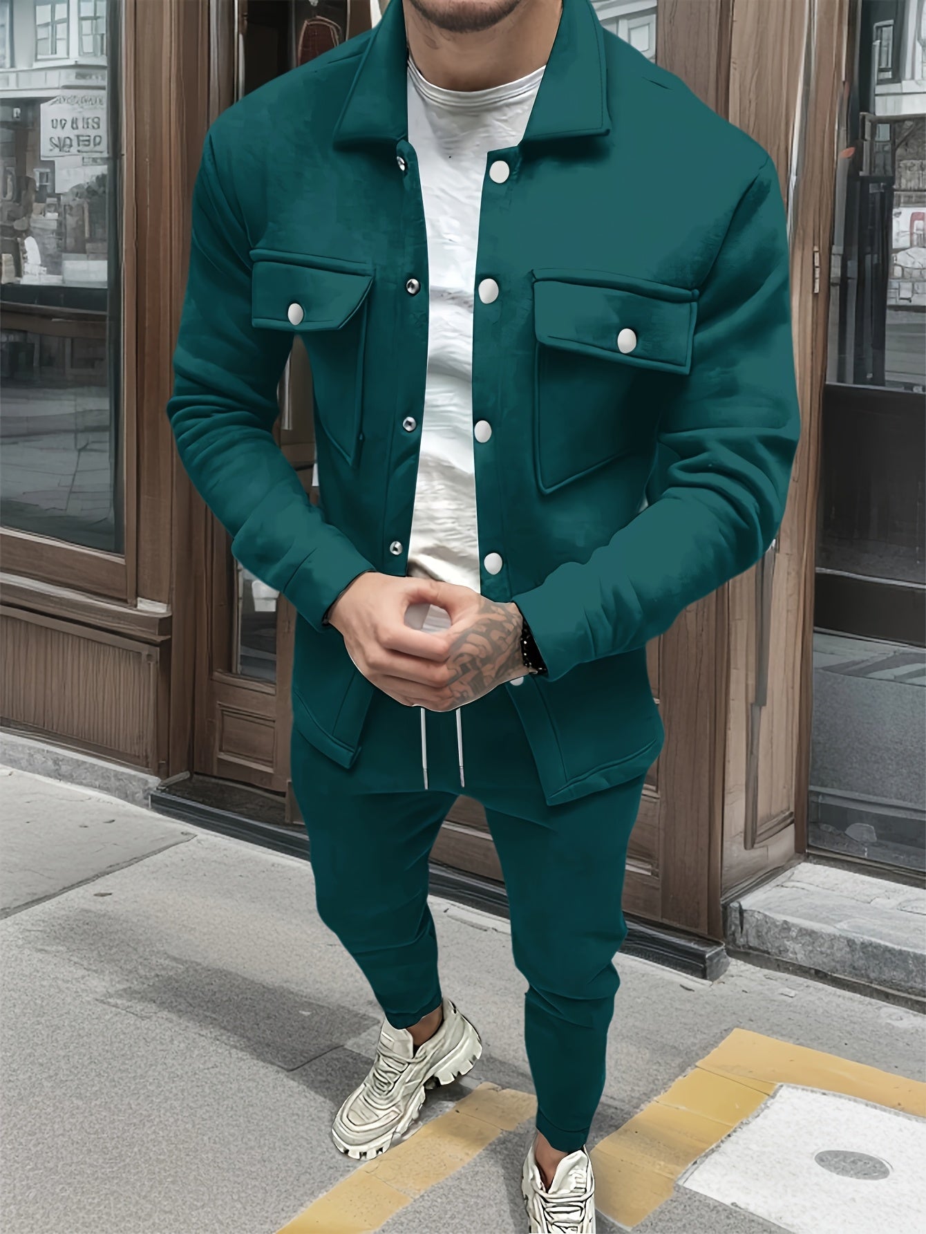1set Men'S Casual Solid Color Polyester Outfit - Long Sleeve Button-Down Lapel Collar Jacket with Pockets and Drawstring Long Pants Set for Fall/Winter