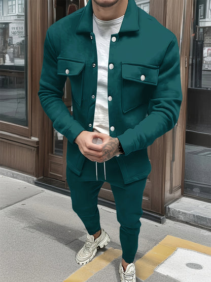 1set Men'S Casual Solid Color Polyester Outfit - Long Sleeve Button-Down Lapel Collar Jacket with Pockets and Drawstring Long Pants Set for Fall/Winter