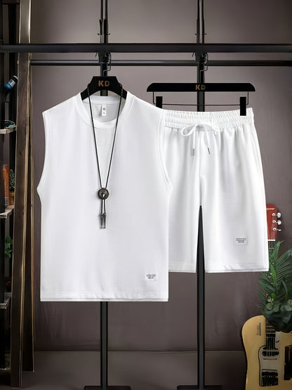 Summer Men's waffle vest set, casual fashion fake two-piece sleeveless vest and casual shorts two-piece set, sports set, breathable, soft and comfortable