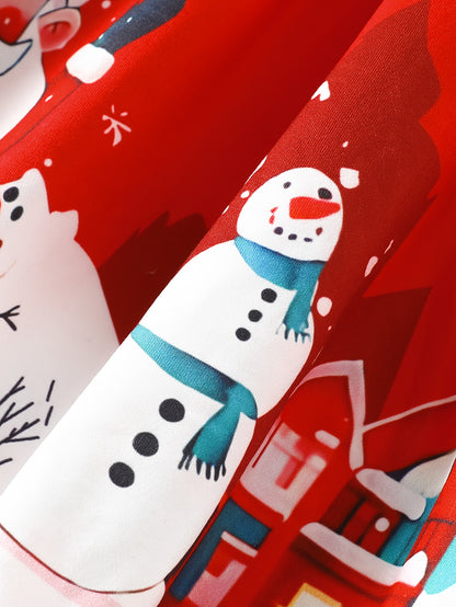 Girls' Christmas Party Dress - Long Sleeve Ruffled Hem Mid-Length Red Dress with Merry Christmas Print, Snowflakes & Santa Hats - Casual Holiday Outfit for Autumn & Winter Festive Celebrations, Durable Construction, Quality S