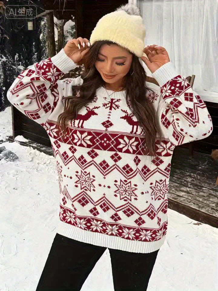 Women'S Thick Double-Layer Winter Sweater - Red & Snowflake & Geometric Pattern Pullover, Round Neck Long Sleeve Sweater with Piping Trim, Cozy Fall/Winter Casual Chic Outfits, Ladies Sweaters