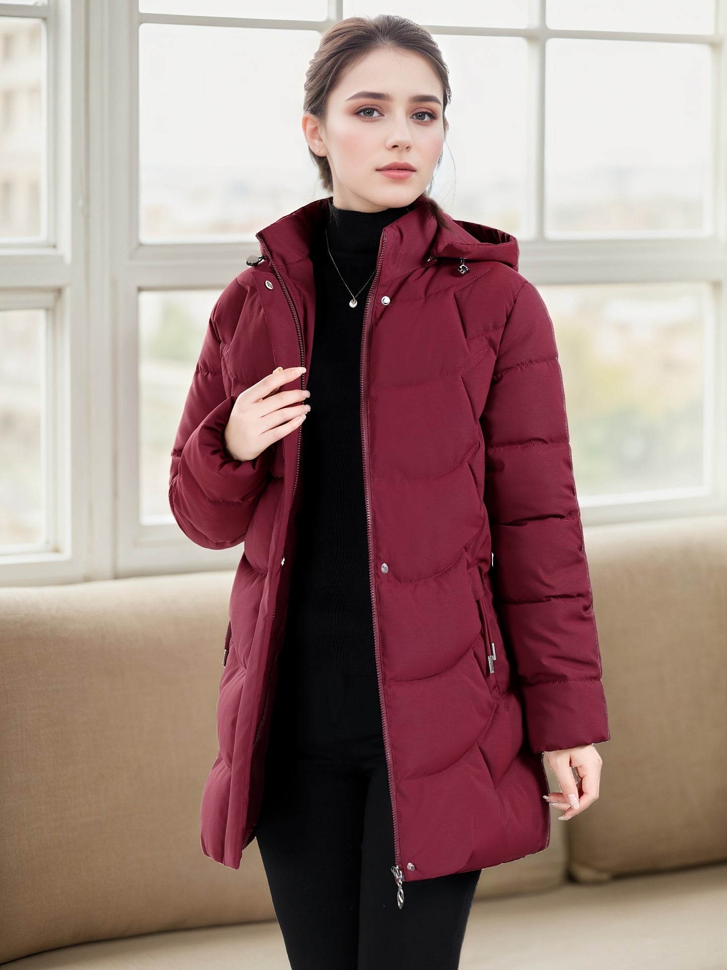 Women's Elegant Winter Jacket - Shearling-Like Bead-Like Button Closure Coat, Puffer-Free, Hand Washable Long Sleeve Outerwear for Cold Weather (Casual & Formal) - Black Jacket Without Belt/Hardware (Ready-to-Wear), Winter Ja