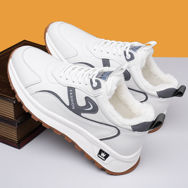 Men's Winter Non-Slip Sneakers - All-Season Traction Shoes with Thick Cushioned Rubber Sole, Slip-Resistant Grip, PU Upper & EVA Insole - Low-Top Sneakers for Hiking, Gym, Everyday - White & Gray Accents - Ideal Cold Weather