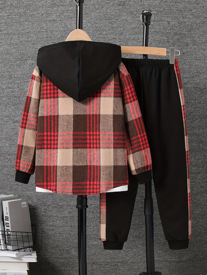 Boys' Fleece Plaid Hooded Long Pants Set, Perfect for Outdoor