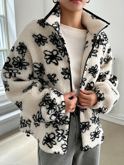 Women'S Cozy Fleece-Lined Floral Print Jacket - Casual Long Sleeve Zip-Up with Black & White Flower Design, Soft Warm Outerwear for Fall/Winter, Cozy Fall Wear | Floral Print Jacket | Zippered Jacket