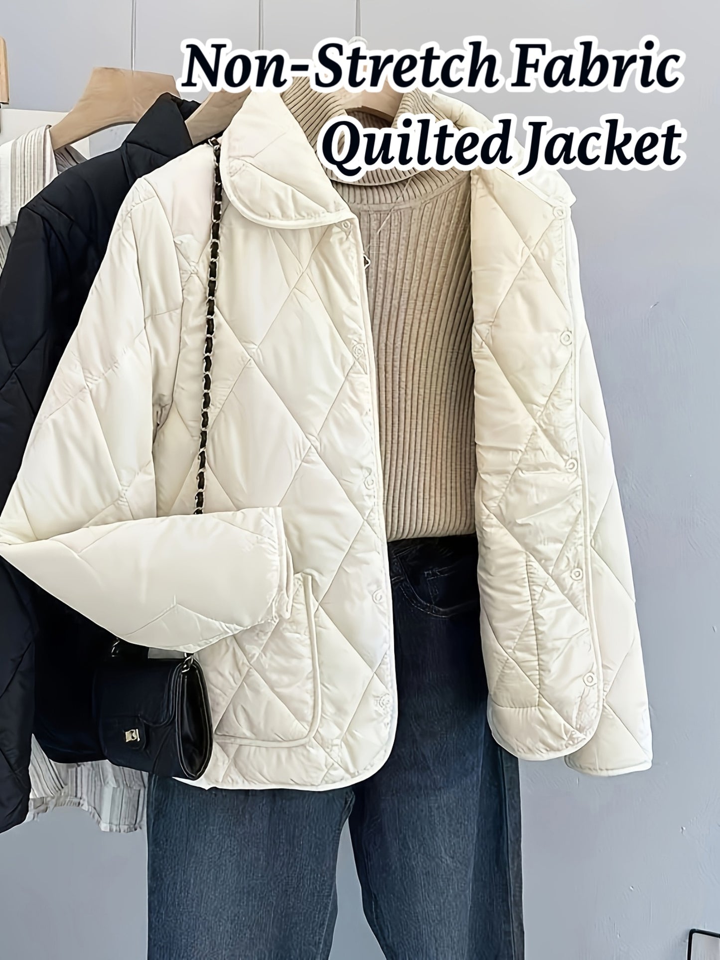 Women'S Elegant Beige Quilted Jacket - Long Sleeve, Button-Up, Stylish Autumn & Winter Coat, 100% Polyester Non-Stretch Fabric, Casual Style, Regular Fit, Autumn Winter Jacket|Quilted Jacket|Stylish Jacket