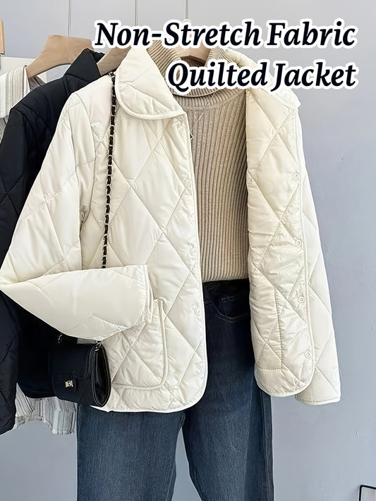 Women'S Elegant Beige Quilted Jacket - Long Sleeve, Button-Up, Stylish Autumn & Winter Coat, 100% Polyester Non-Stretch Fabric, Casual Style, Regular Fit, Autumn Winter Jacket|Quilted Jacket|Stylish Jacket