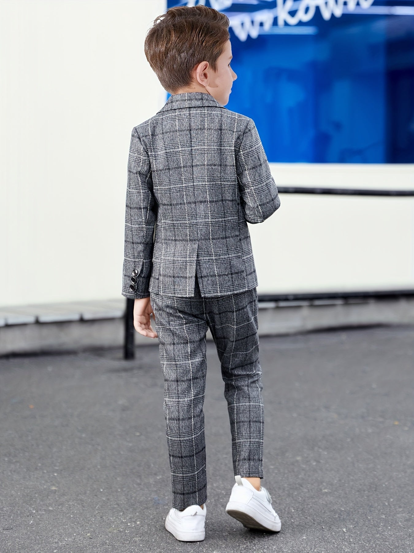 Boys' Plaid Formal Suit Set with Lapel Jacket and Trousers