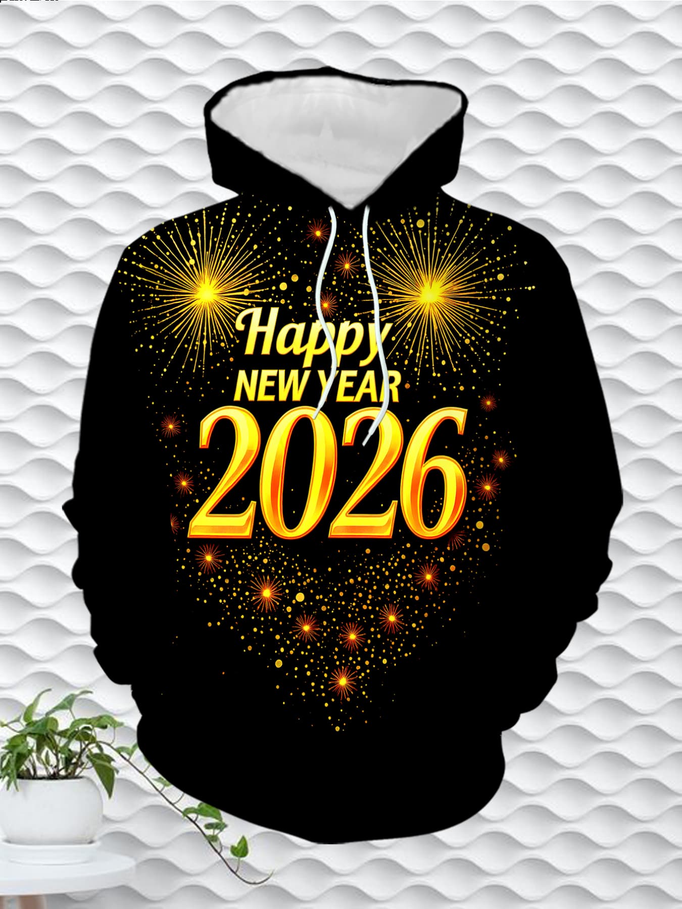 Men's 2026 New Year Fireworks Print Hooded Sweatshirt - Winter Warm Loose-Fit Pullover Hoodie with Firework Patterns, Machine Washable Casual Sweater for Christmas & NYE Parties (Red/Golden/White)