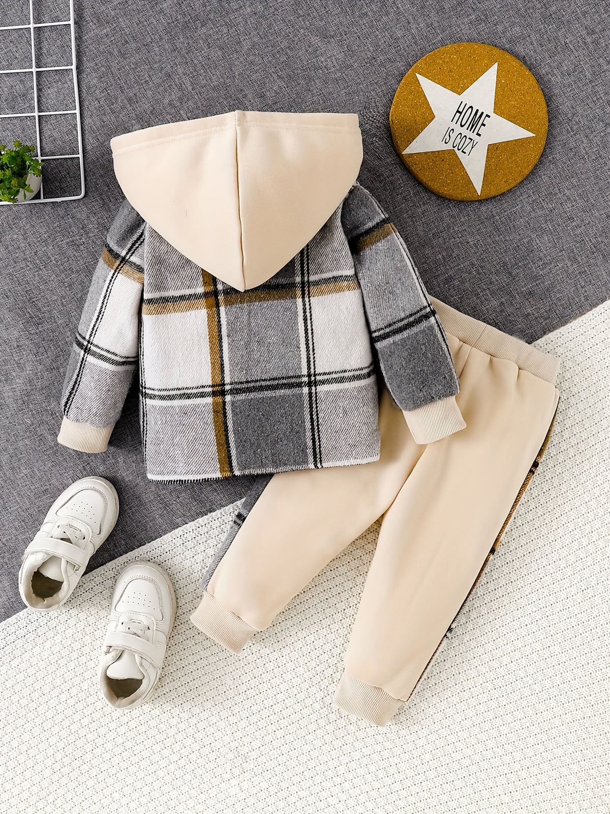 Boys' Plaid Hooded Jacket & Joggers Set - Cozy Fall Winter Outfit - ayq