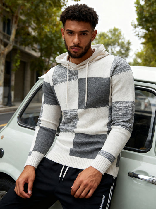 Men's Winter Warm Plaid Patchwork Sweater - Slim Fit Color Block Hooded Pullover with Patchwork Design, Machine Washable Cold Weather Sweaters for Outdoor Sports & Casual Wear (Autumn/Winter)