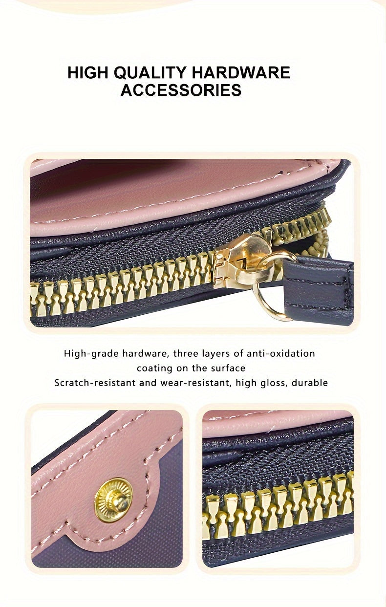 2024 New Women'S Short Wallet, Korean Style Zippered Coin Purse, Simple Design, Tri-Fold Multifunctional Faux Leather Card Holder.