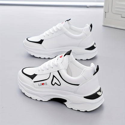 2025 Women's White  Black Casual Running Shoes with Red Heart Accent - Breathable Mesh  Synthetic Cover Low-Top Sneakers, Round Toe Design, TPU Sole for Gym, Walking, Outdoor Activities, Stylish Fitness Footwear