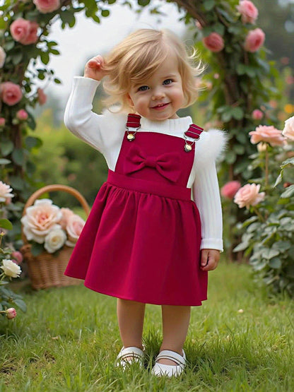 2pcs Baby Winter Outfit Set: Cozy Fluffy Sleeve Smock Dress & A-Line Bow with Collar & Fringe Trim - Soft Warm Clothes for Photoshoots, Christmas (Hand Washable), Perfect for Outdoor