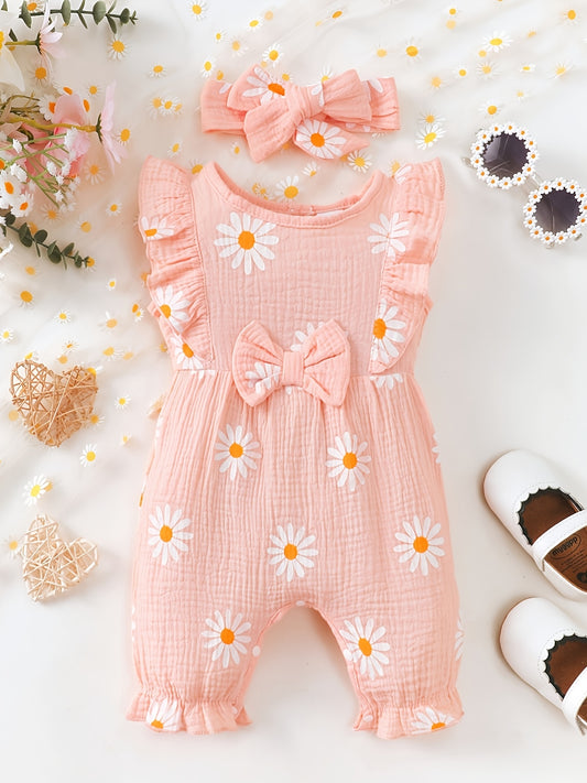Baby Girl Summer Romper with Floral Print, Lace & Bow Set