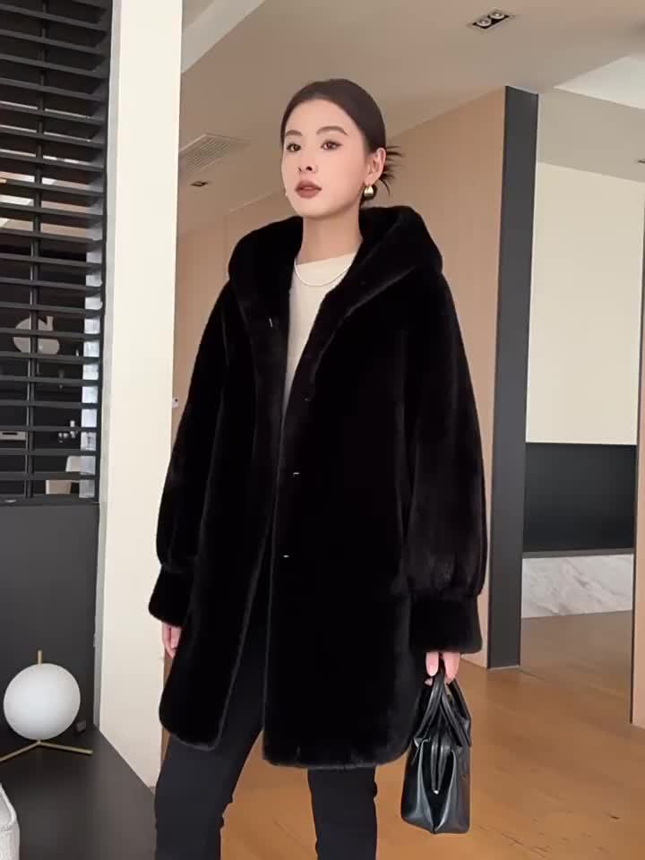 Women's Oversized Faux Fur Coat with Plush Collar & Full-Length Fur Trim - Winter Warm A-Line Mid-Length Jacket, Machine Washable Large Size Winter Coat for Women, Elegant Outerwear for Casual & Formal Events (Solid Black, Br